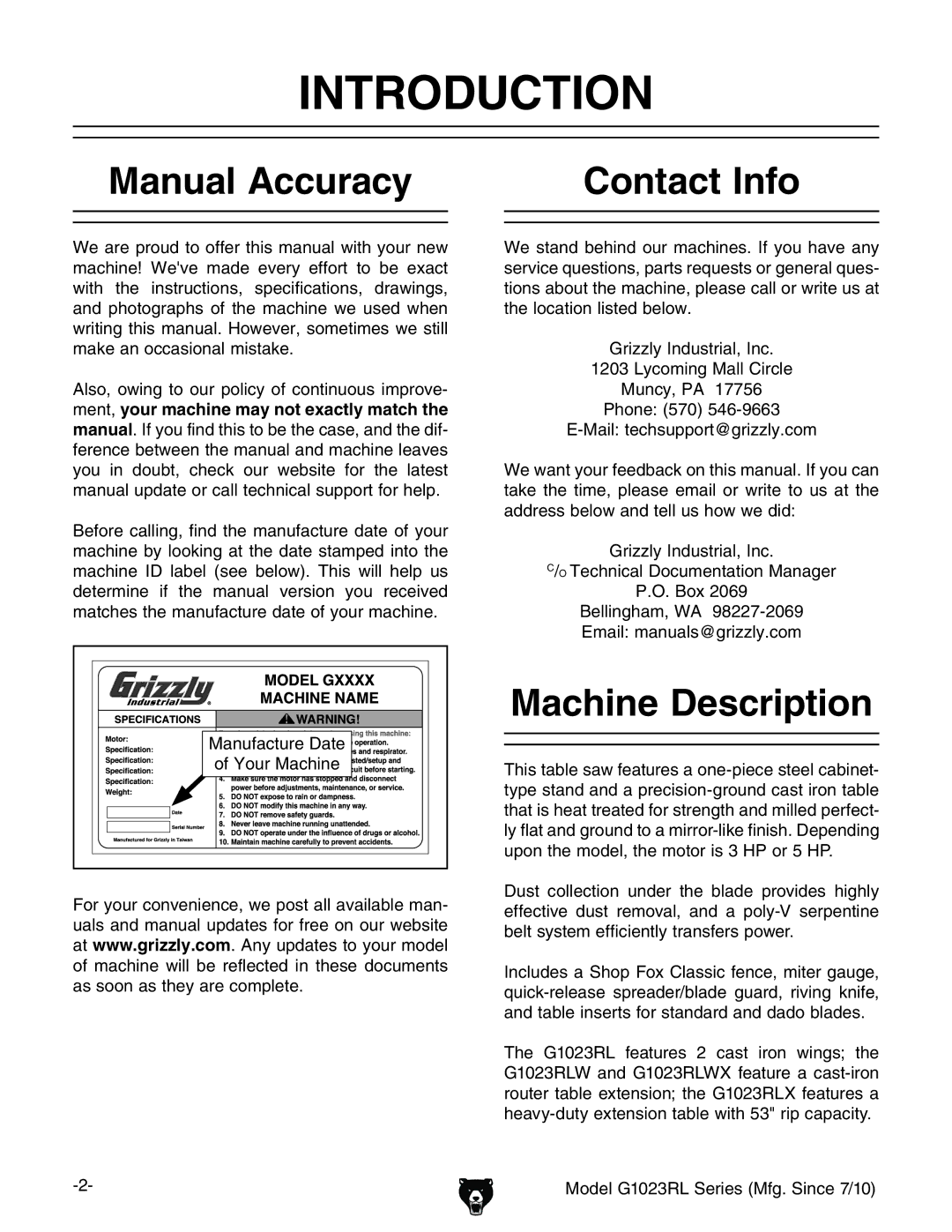 Grizzly G1023RLX, G1023RLWX owner manual Introduction, Manual Accuracy, Contact Info, Machine Description, NdjgBVXcZ 