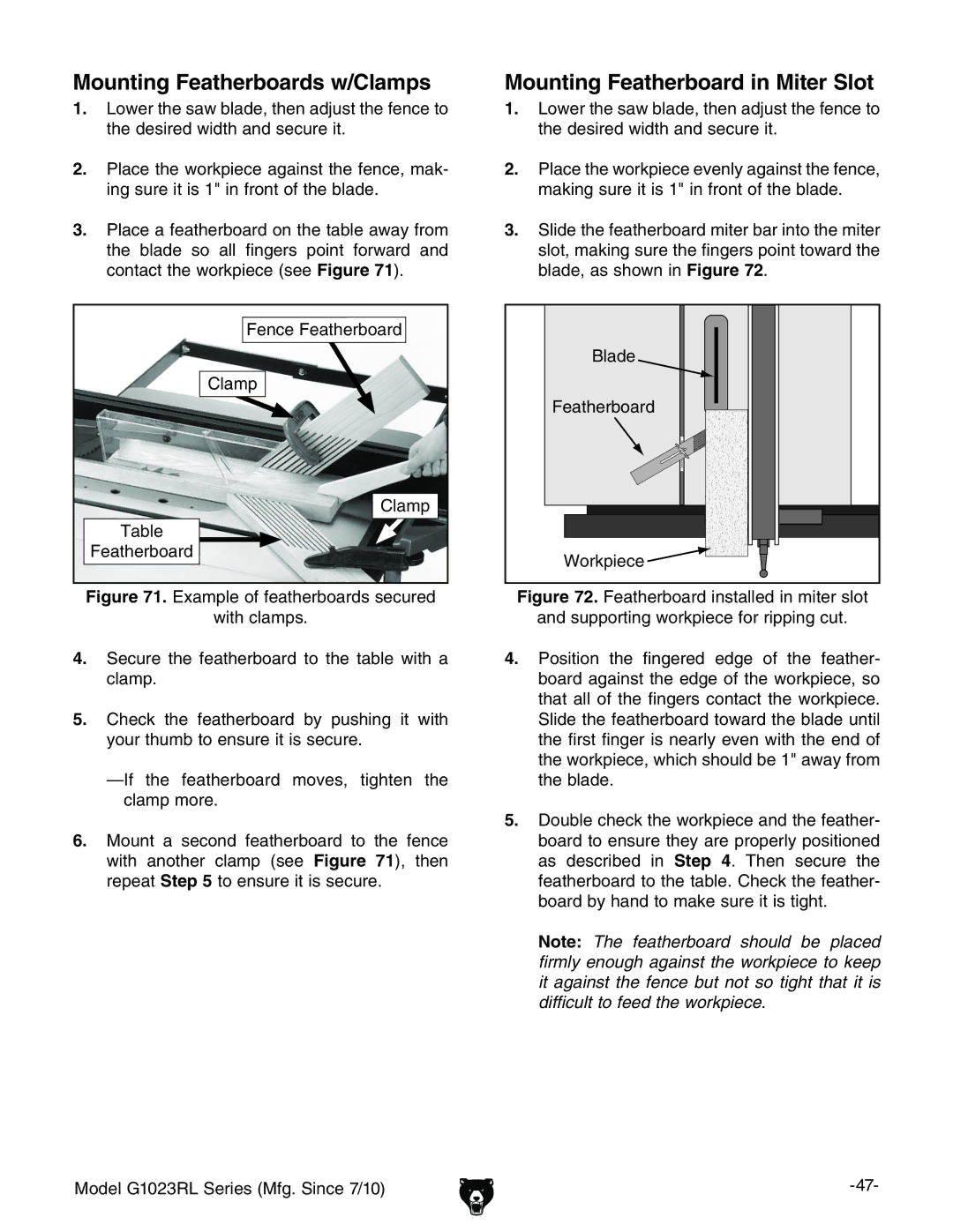 Grizzly G1023RLX, G1023RLWX owner manual Mounting Featherboards w/Clamps, Mounting Featherboard in Miter Slot 