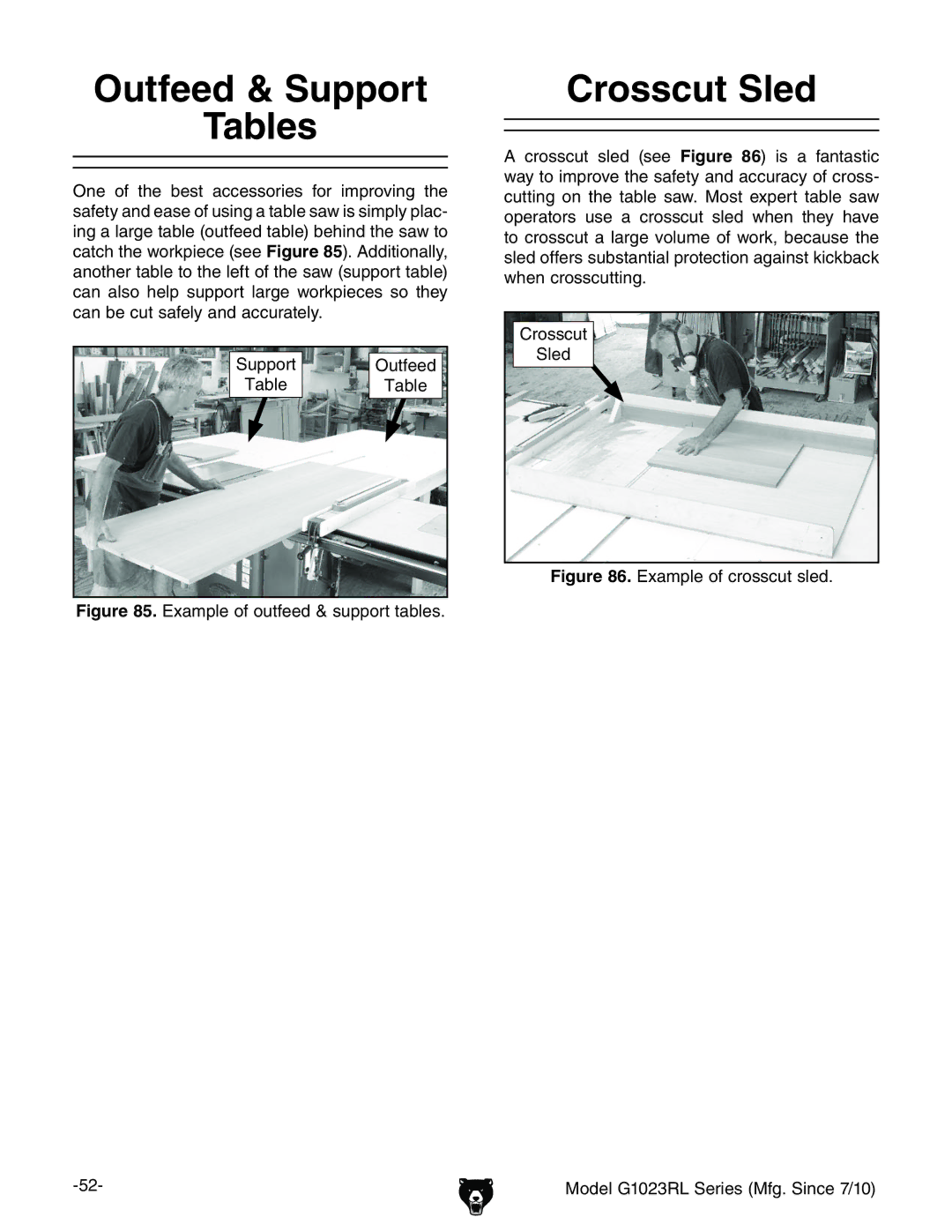 Grizzly G1023RLX, G1023RLWX owner manual Outfeed & Support Tables, Crosscut Sled, DjiZZY, IVWaZ, Hjeedgi 