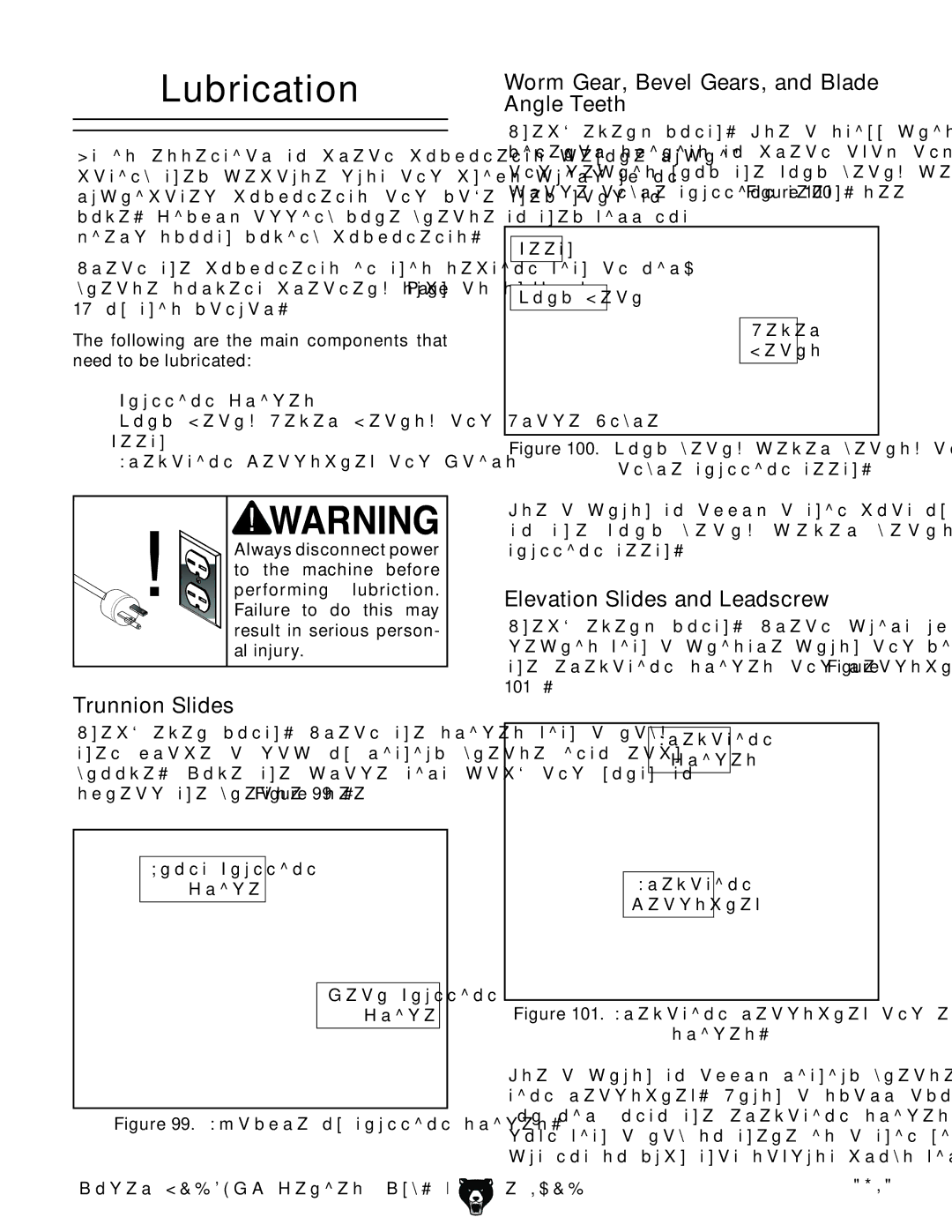 Grizzly G1023RLWX, G1023RLX owner manual Lubrication, Trunnion Slides, Worm Gear, Bevel Gears, and Blade Angle Teeth 