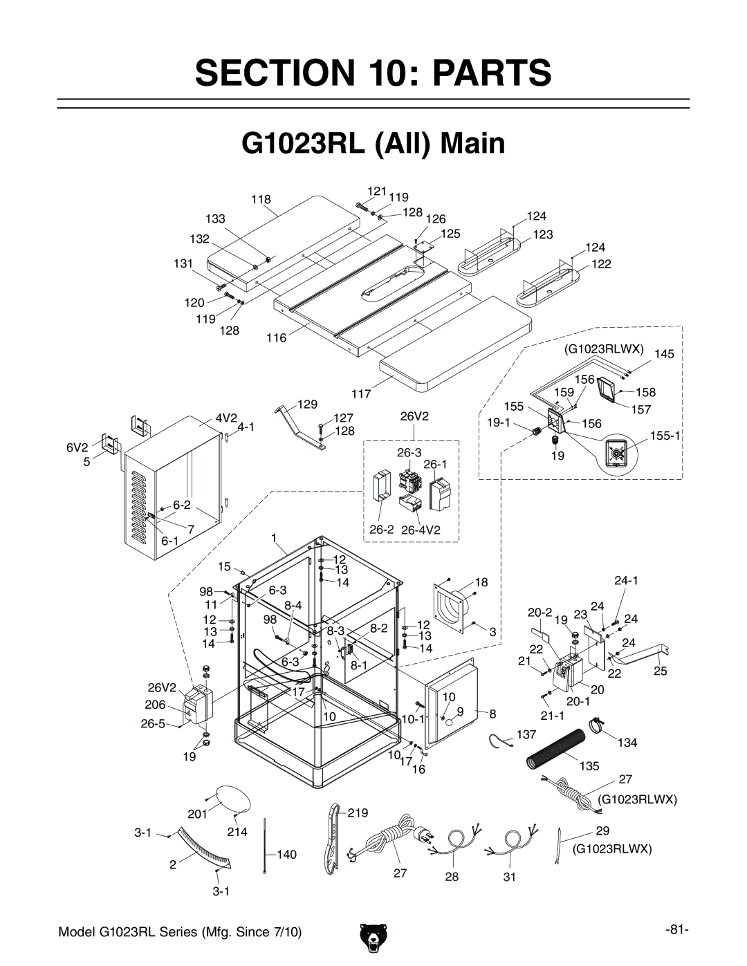 Grizzly G1023RLWX, G1023RLX owner manual Parts, G1023RL All Main, &%Galm 