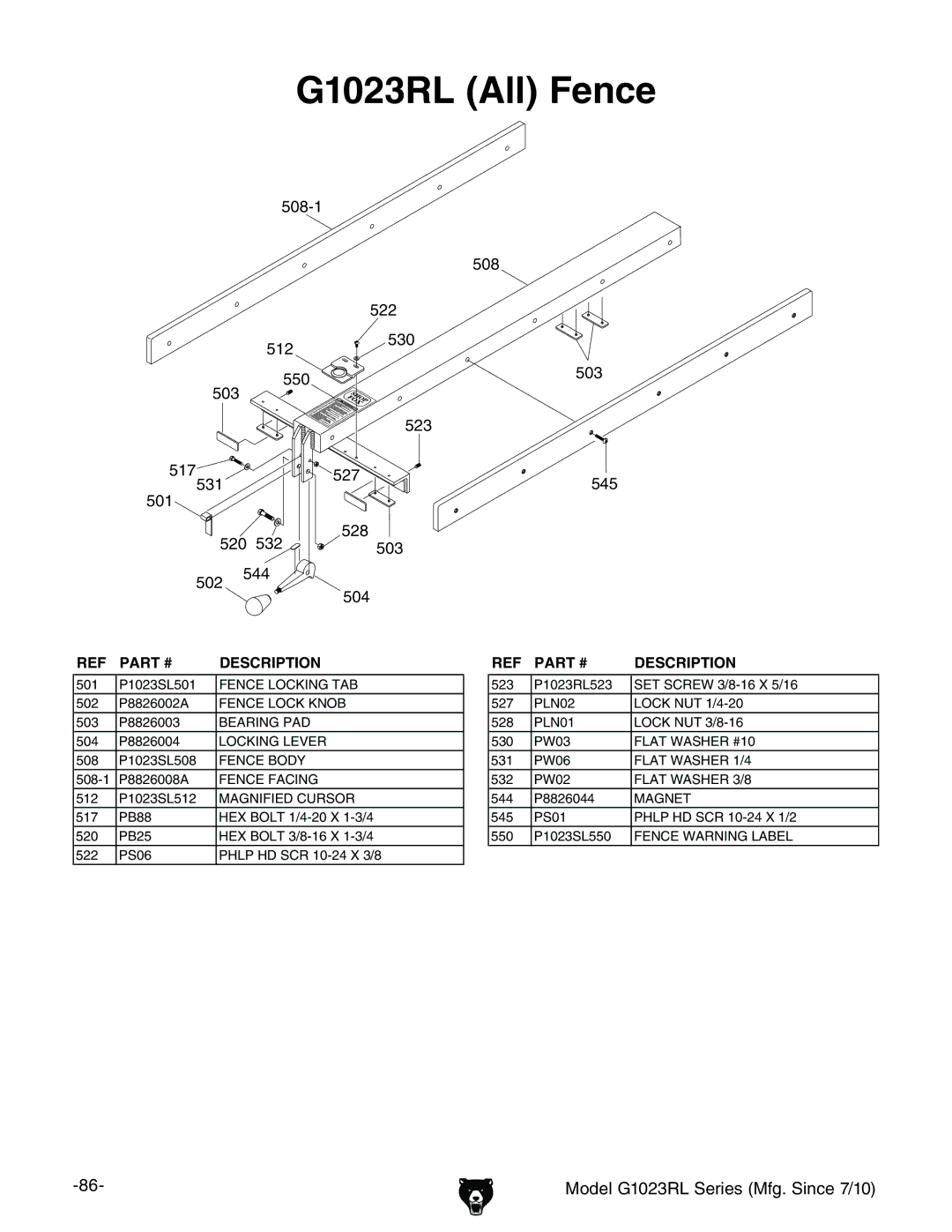 Grizzly G1023RLX, G1023RLWX owner manual G1023RL All Fence,  * 