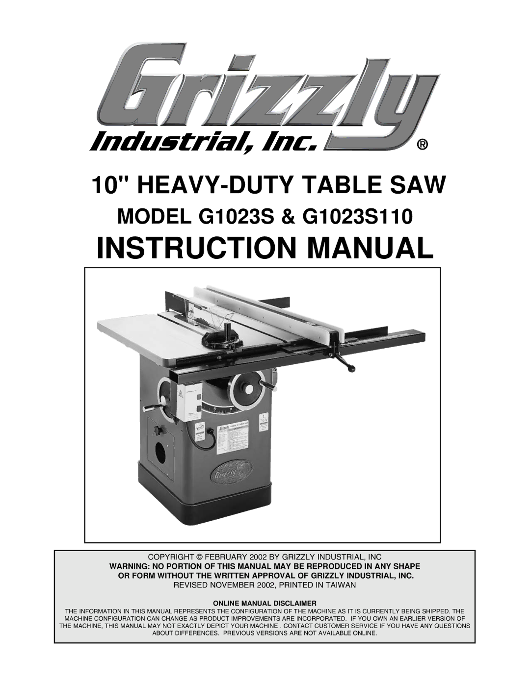 Grizzly instruction manual HEAVY-DUTY Table SAW, Model G1023S & G1023S110 