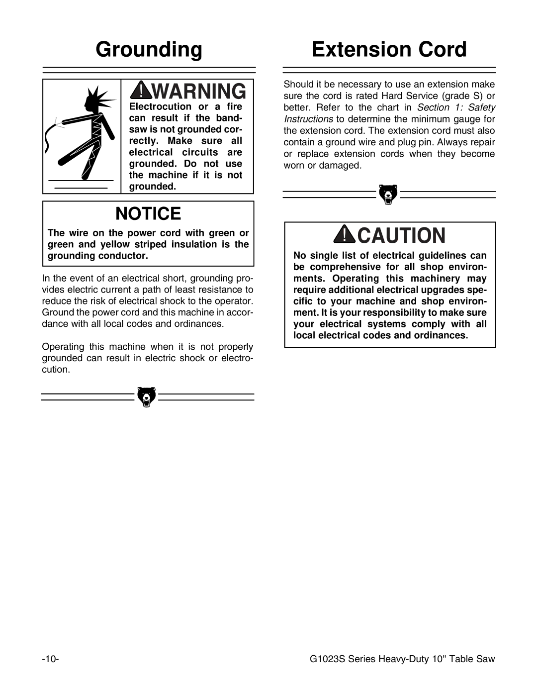 Grizzly G1023S instruction manual Grounding Extension Cord 