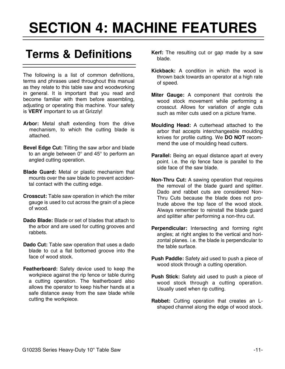 Grizzly G1023S instruction manual Machine Features, Terms & Definitions 