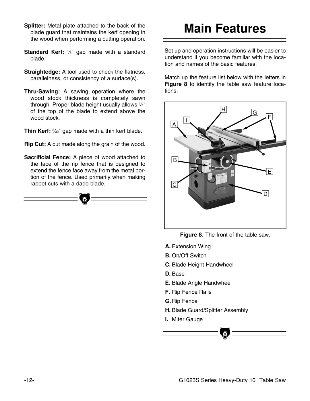 Grizzly G1023S instruction manual Main Features 