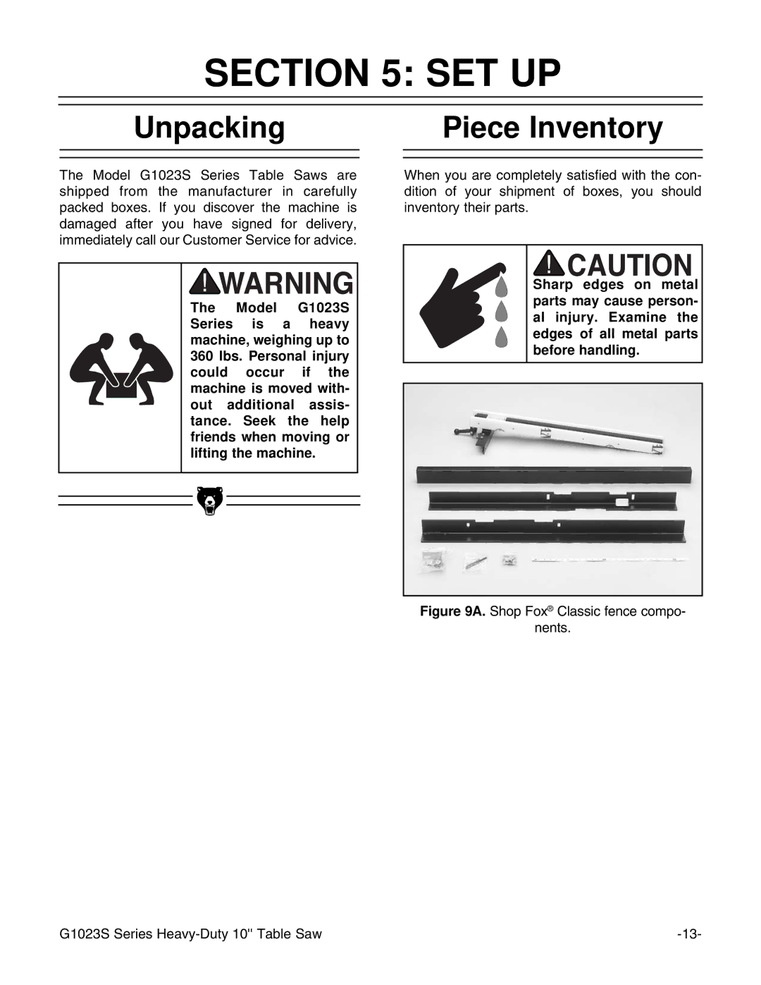 Grizzly G1023S instruction manual Set Up, Unpacking Piece Inventory 