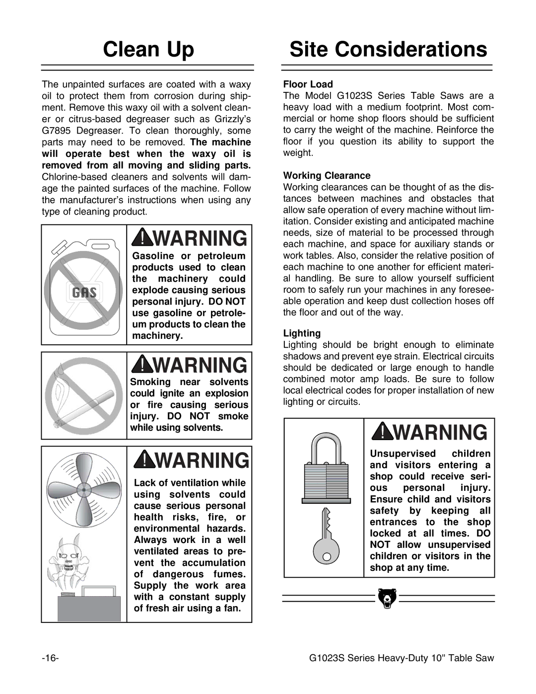 Grizzly G1023S instruction manual Clean Up, Site Considerations, Floor Load, Working Clearance, Lighting 