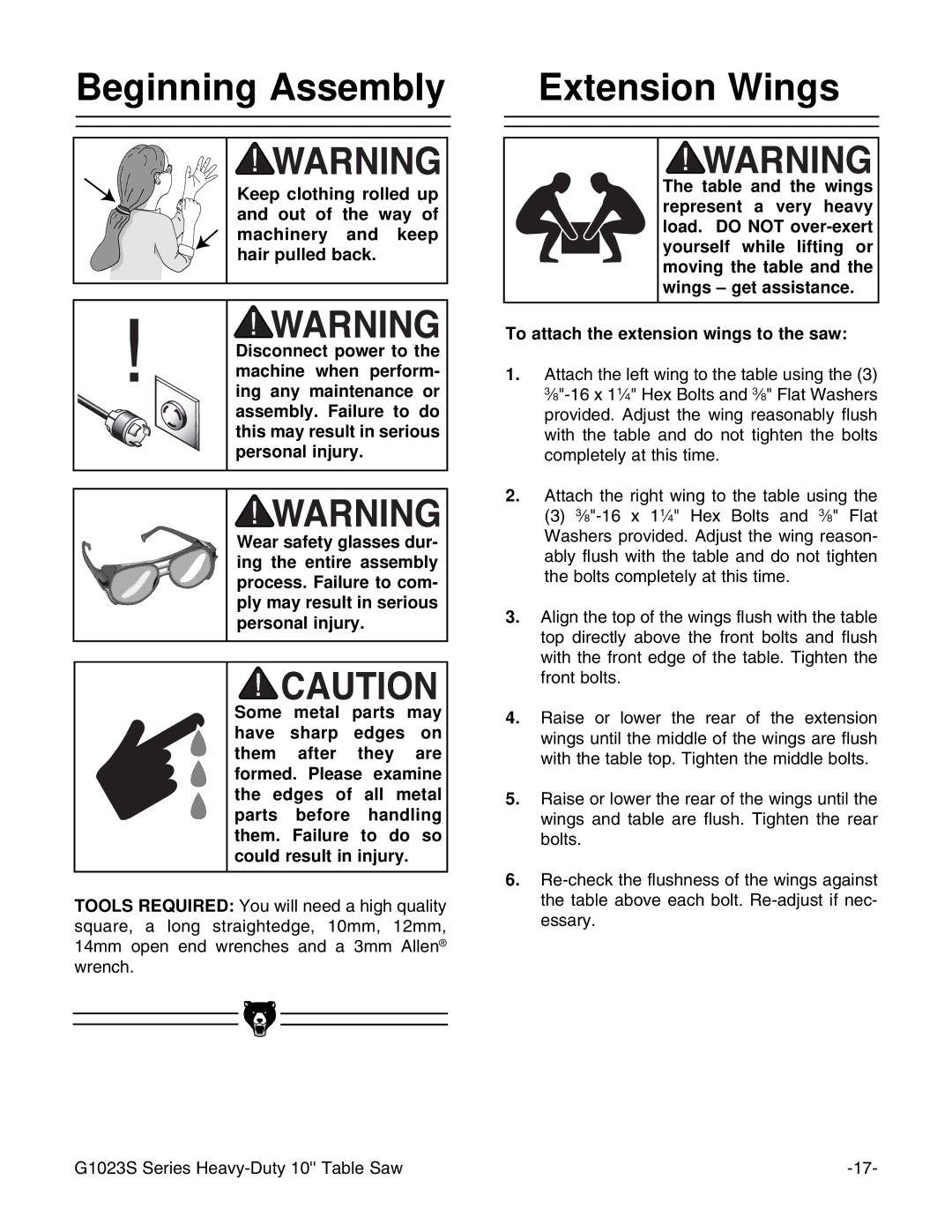 Grizzly G1023S instruction manual Beginning Assembly Extension Wings 