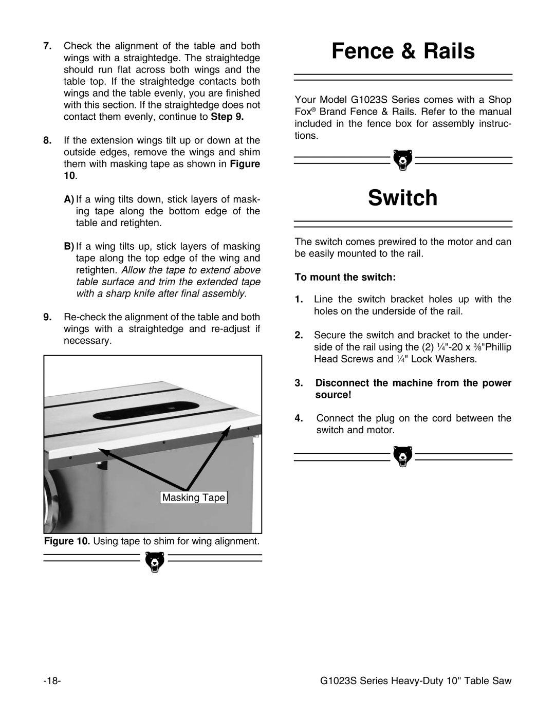 Grizzly G1023S instruction manual Fence & Rails, Switch, To mount the switch, Disconnect the machine from the power source 