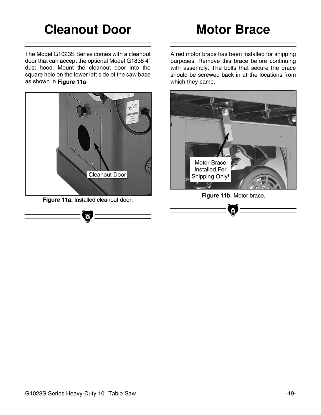 Grizzly G1023S instruction manual Cleanout Door Motor Brace, Motor brace 