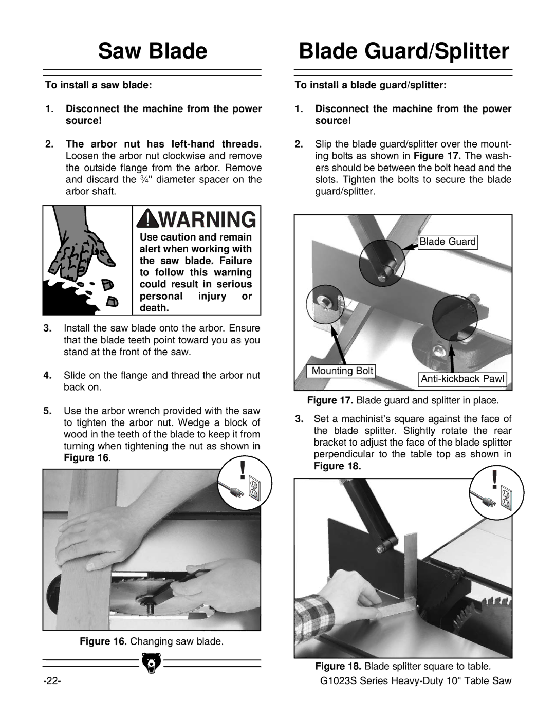 Grizzly G1023S instruction manual Saw Blade, Blade Guard/Splitter 