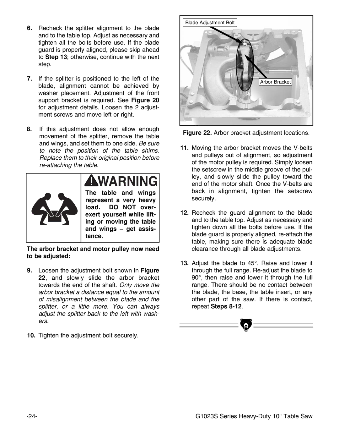 Grizzly G1023S instruction manual Blade Adjustment Bolt 