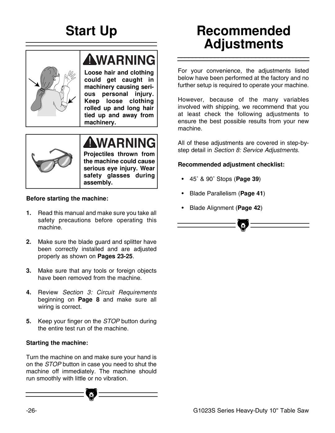 Grizzly G1023S instruction manual Start Up Recommended, Starting the machine, Recommended adjustment checklist 