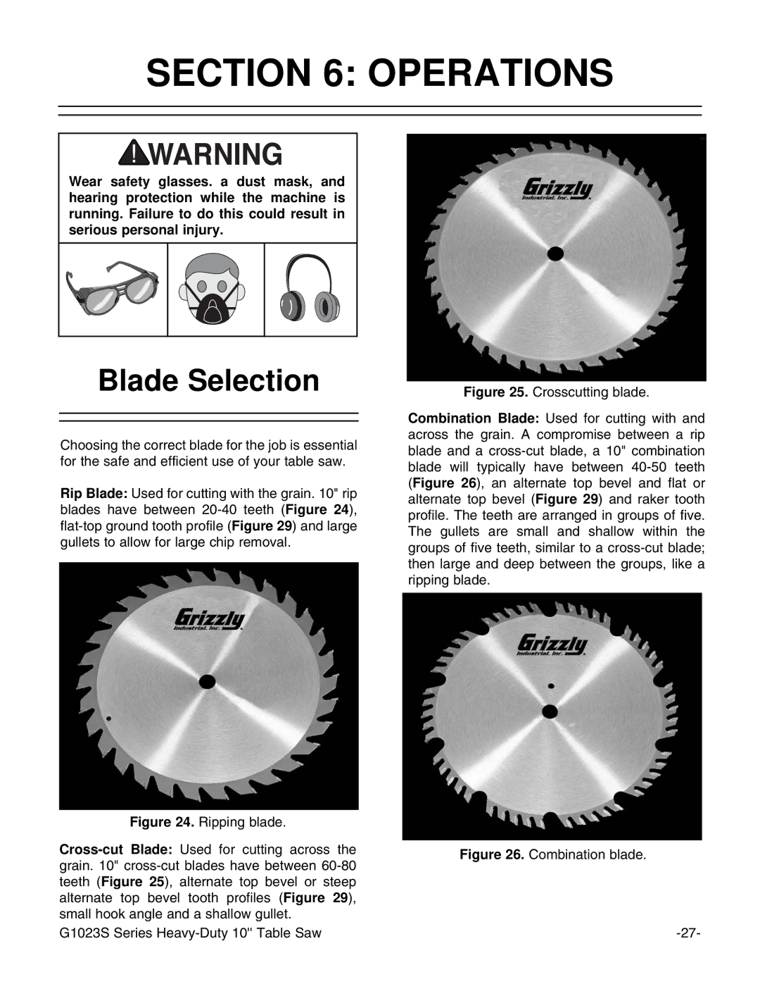 Grizzly G1023S instruction manual Operations, Blade Selection 