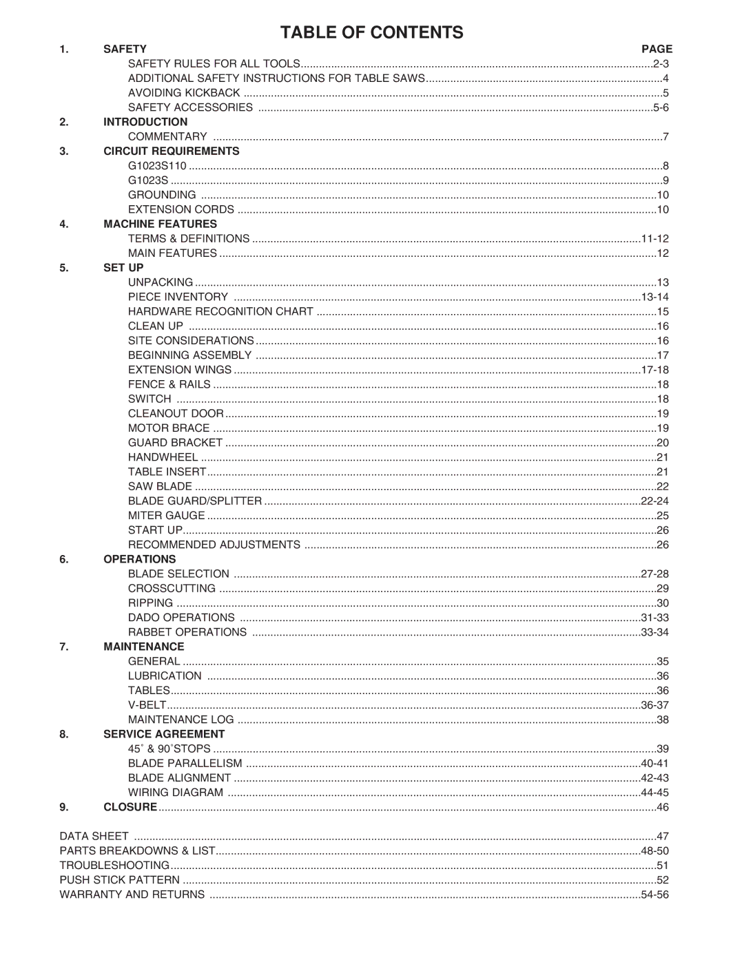 Grizzly G1023S instruction manual Table of Contents 