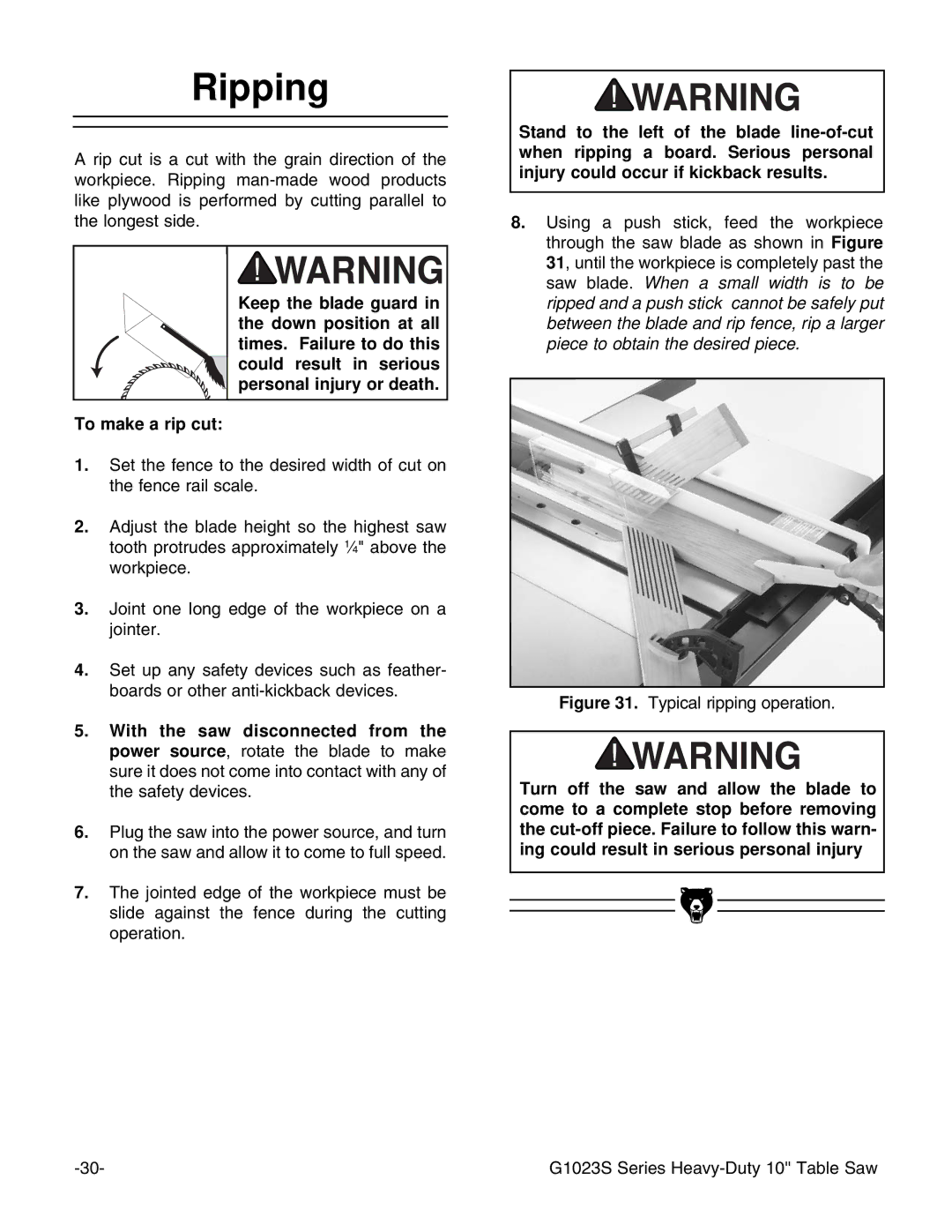 Grizzly G1023S instruction manual Ripping, Typical ripping operation 