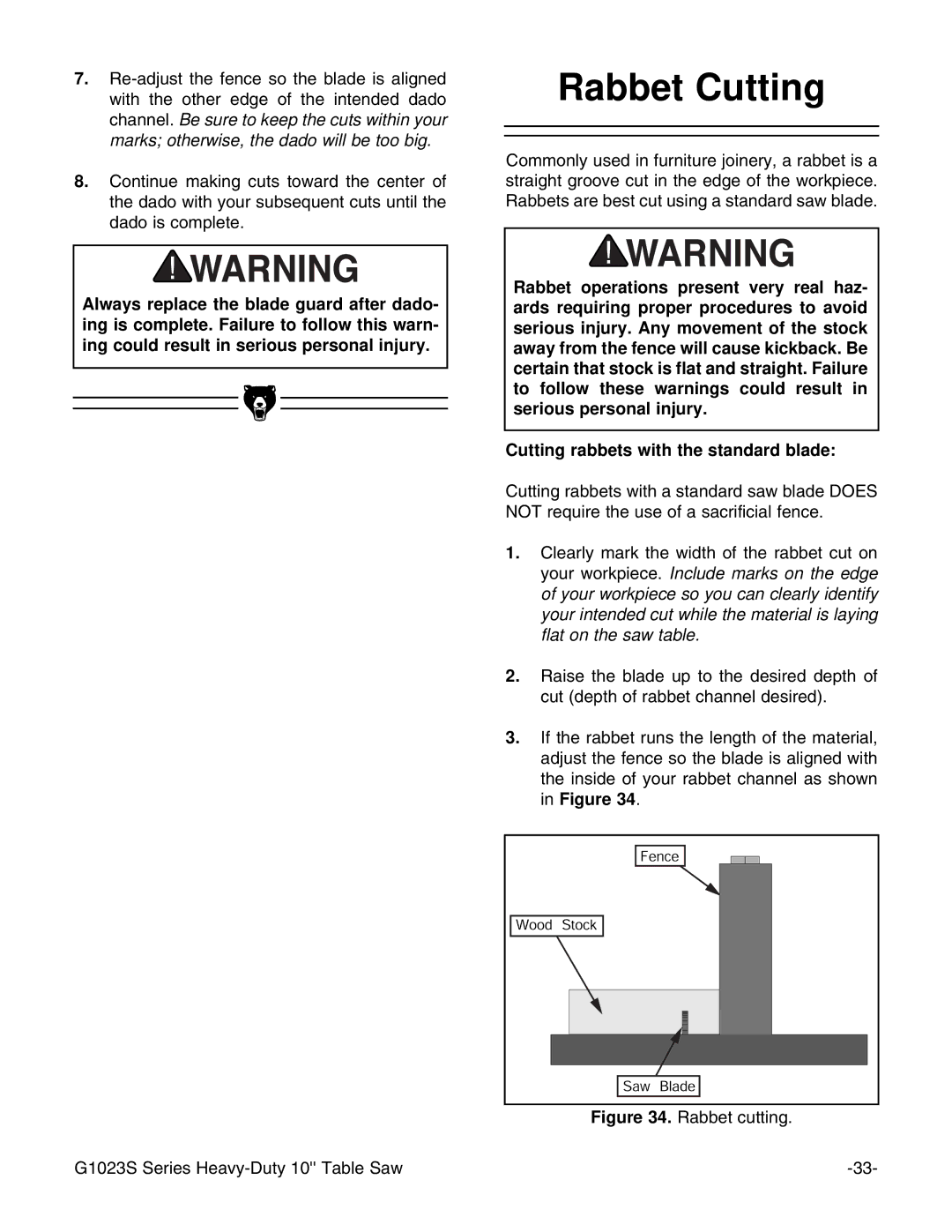 Grizzly instruction manual Rabbet Cutting, Rabbet cutting G1023S Series Heavy-Duty 10 Table Saw 