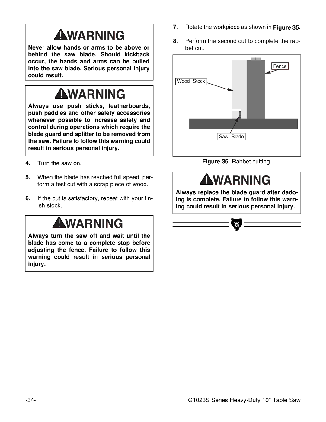 Grizzly G1023S instruction manual Rabbet cutting 