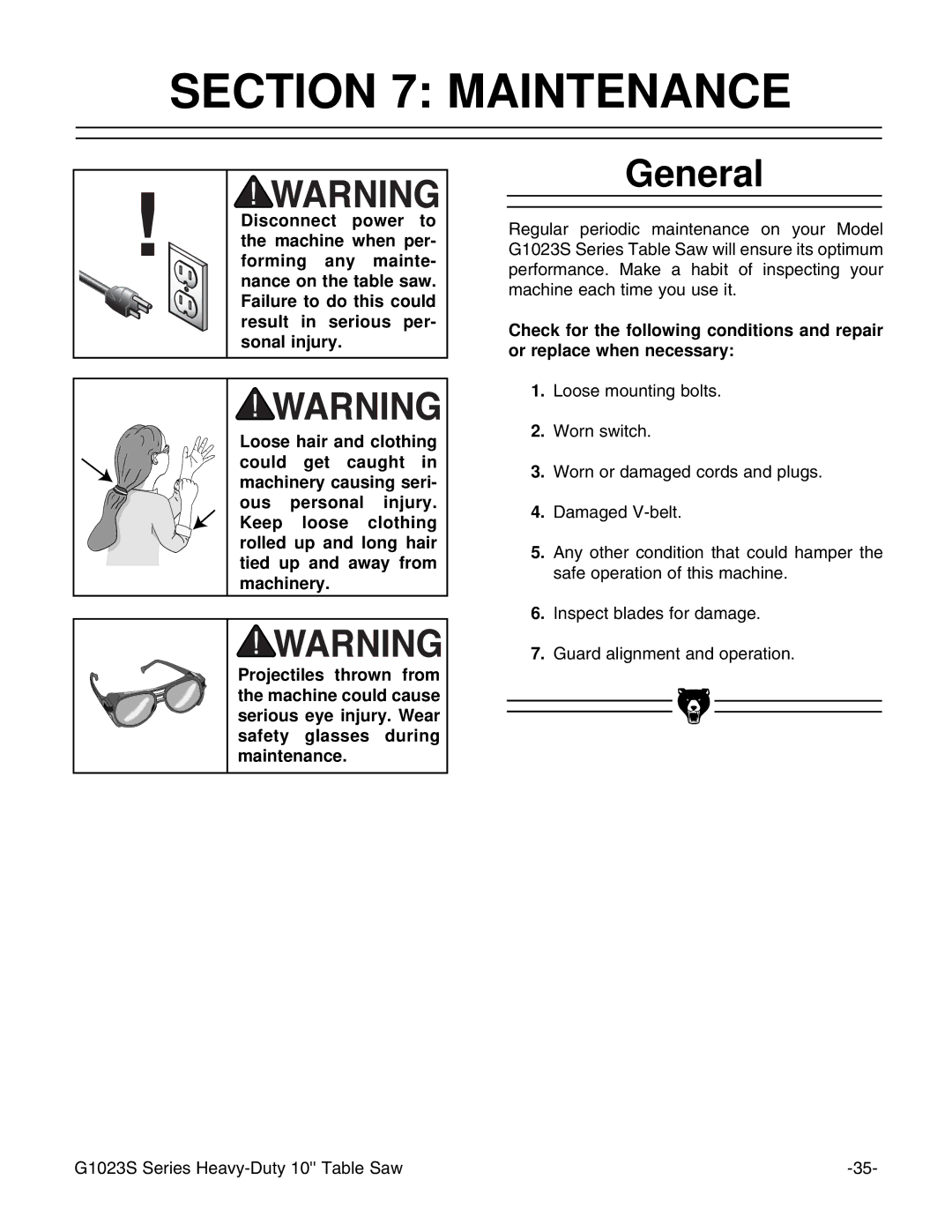 Grizzly G1023S instruction manual Maintenance, General 