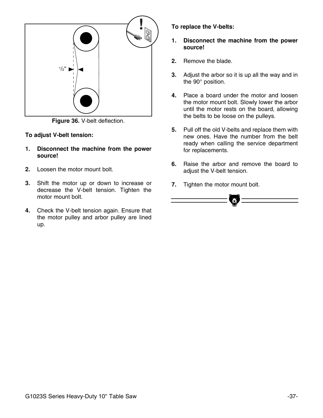 Grizzly G1023S instruction manual Belt deflection 