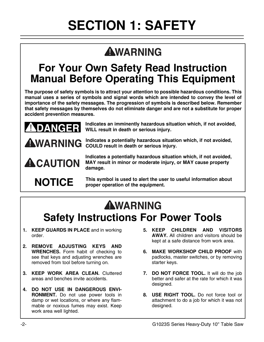 Grizzly G1023S instruction manual Safety Instructions For Power Tools 