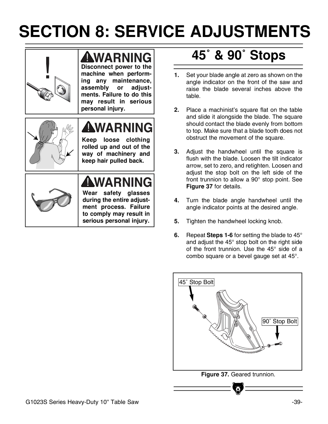 Grizzly G1023S instruction manual Service Adjustments, 45˚ & 90˚ Stops 