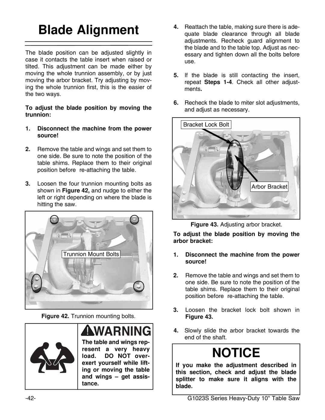 Grizzly G1023S instruction manual Blade Alignment, Trunnion mounting bolts 