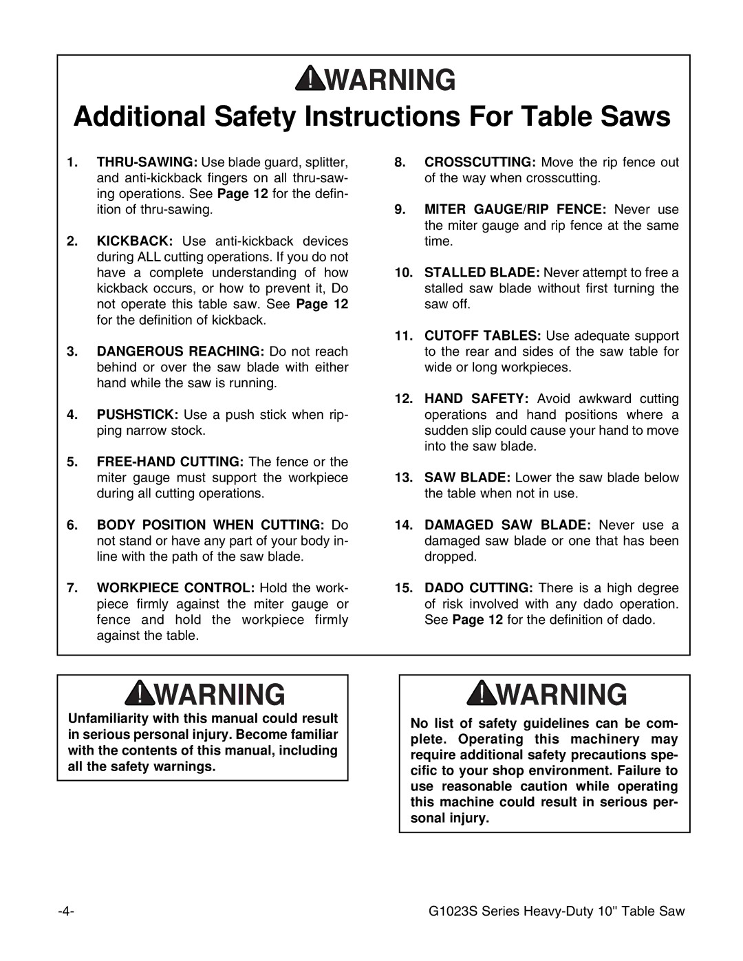 Grizzly G1023S instruction manual Additional Safety Instructions For Table Saws 