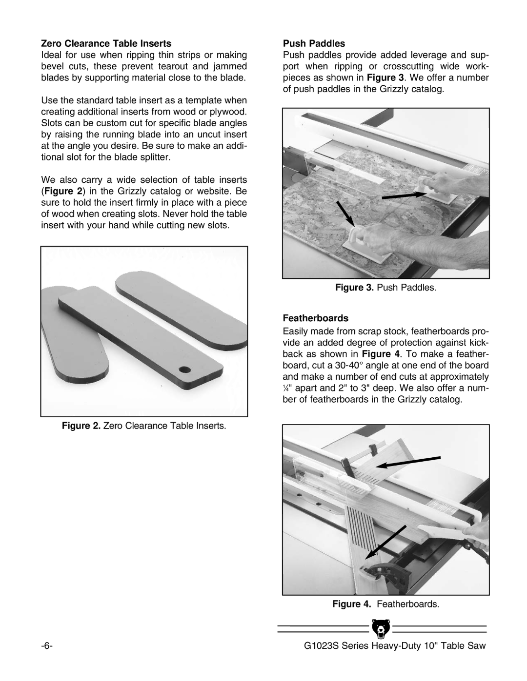 Grizzly G1023S instruction manual Zero Clearance Table Inserts, Push Paddles, Featherboards 