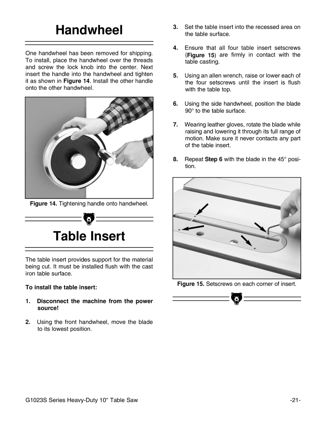 Grizzly G1023S110 instruction manual Handwheel, Table Insert 