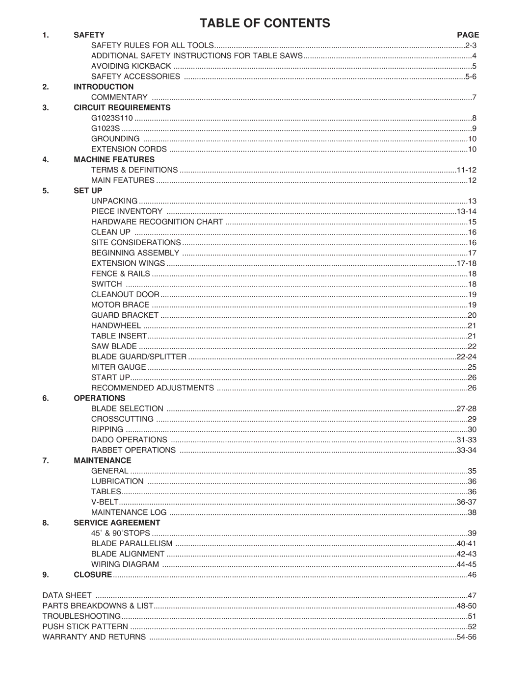 Grizzly G1023S110 instruction manual Table of Contents 