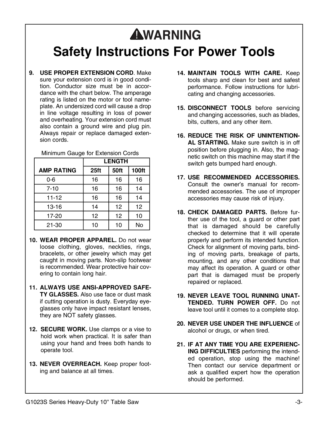 Grizzly G1023S110 instruction manual Length AMP Rating, 25ft 50ft 100ft 