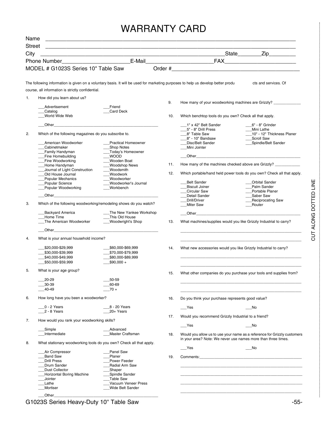 Grizzly G1023S110 instruction manual Warranty Card 