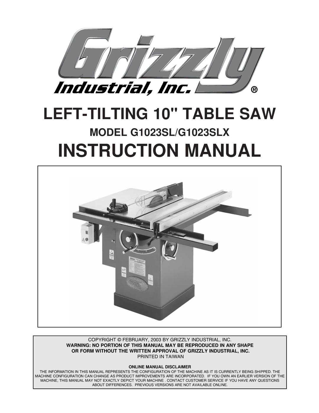 Grizzly G1023SLX, G1023SLWX instruction manual LEFT-TILTING 10 Table SAW 