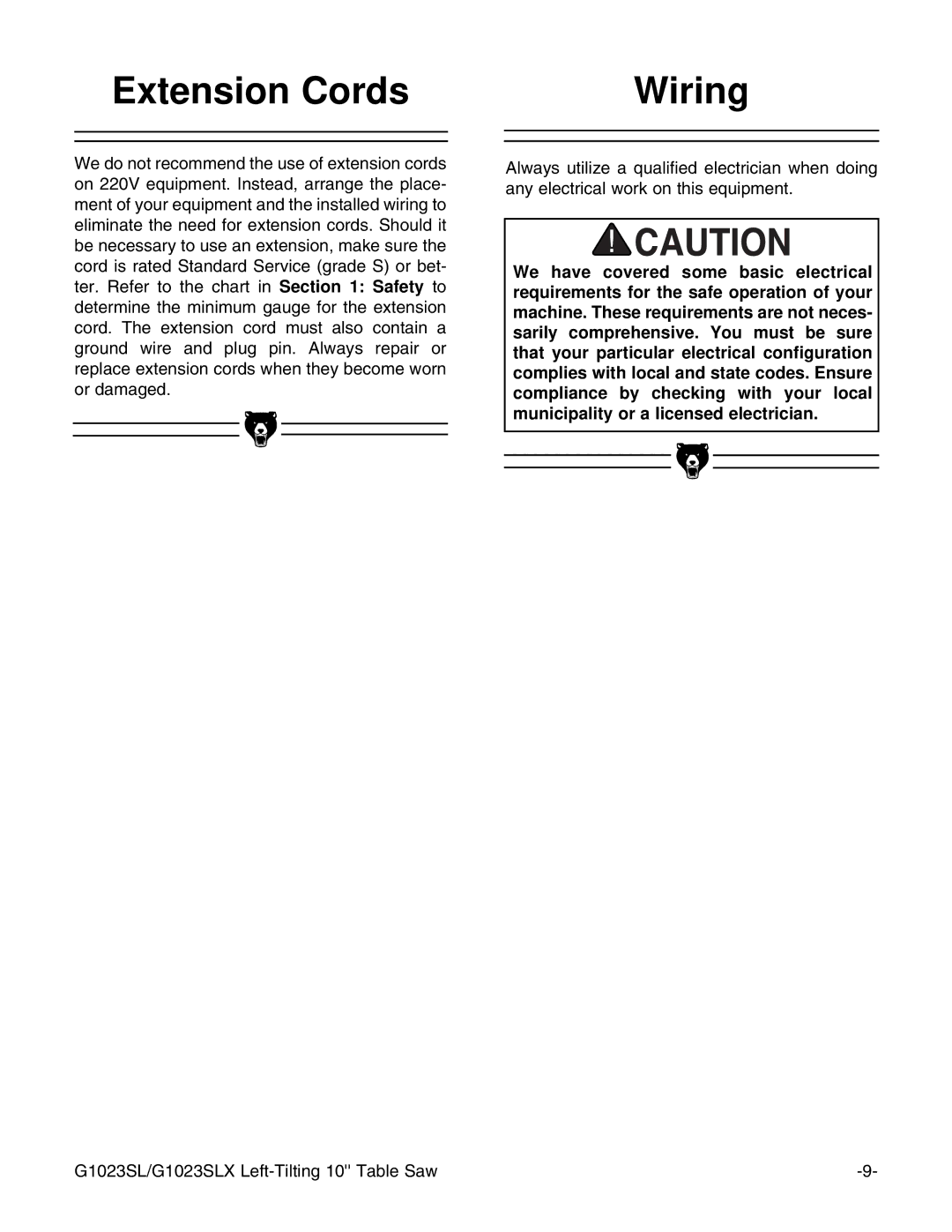 Grizzly G1023SLX, G1023SLWX instruction manual Extension Cords, Wiring 