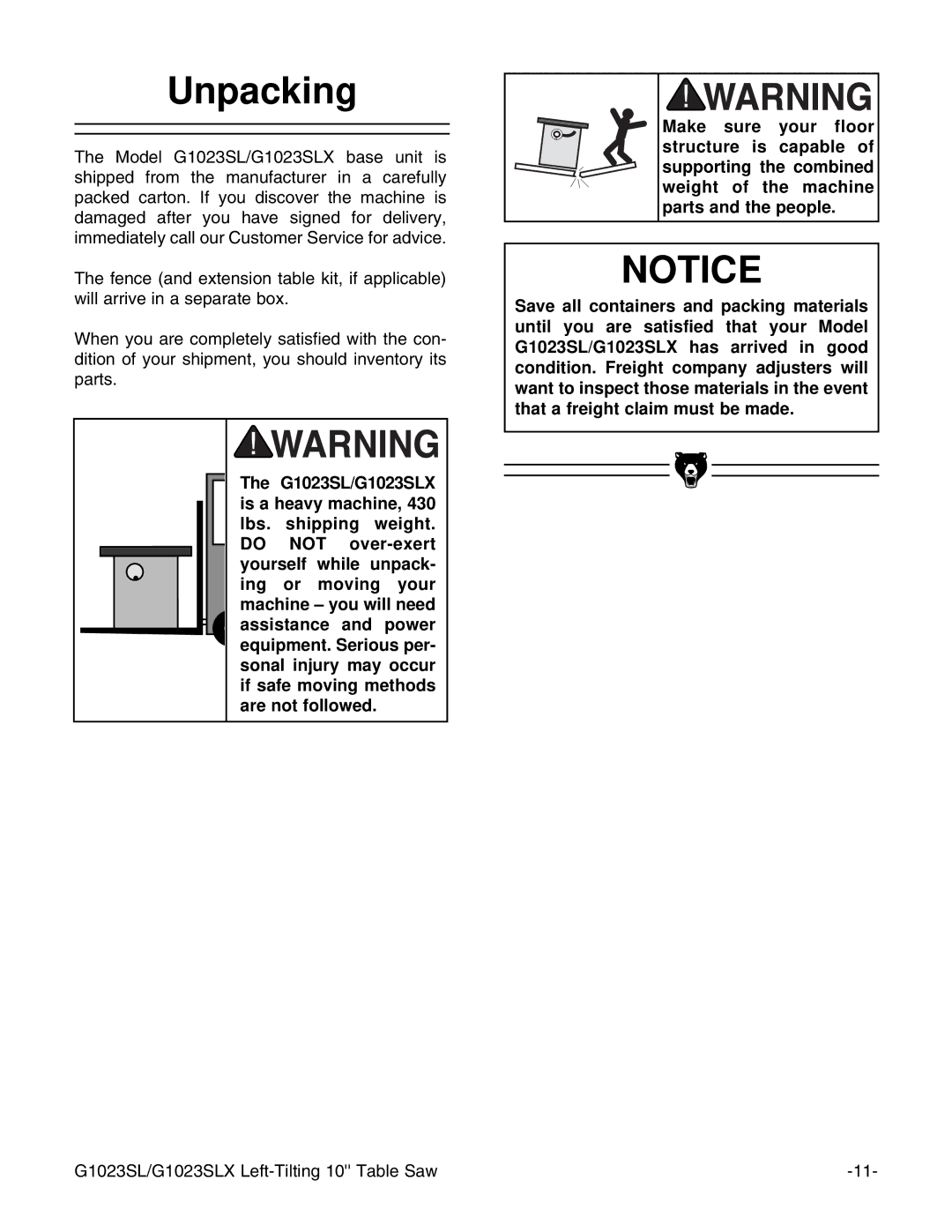 Grizzly G1023SLX, G1023SLWX instruction manual Unpacking 