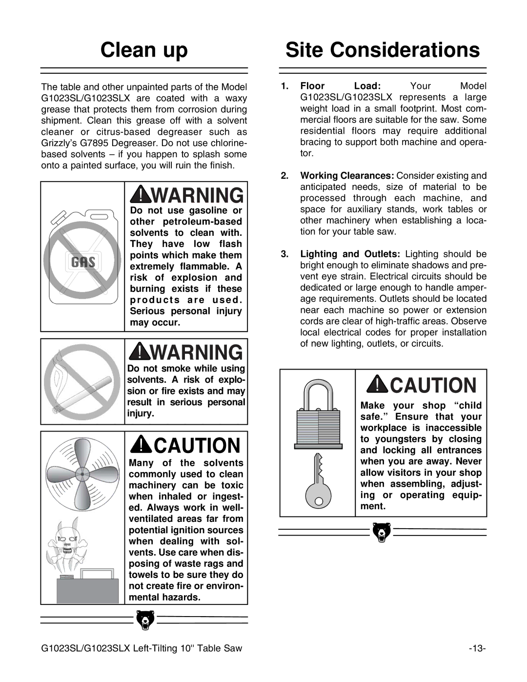 Grizzly G1023SLX, G1023SLWX instruction manual Clean up Site Considerations 