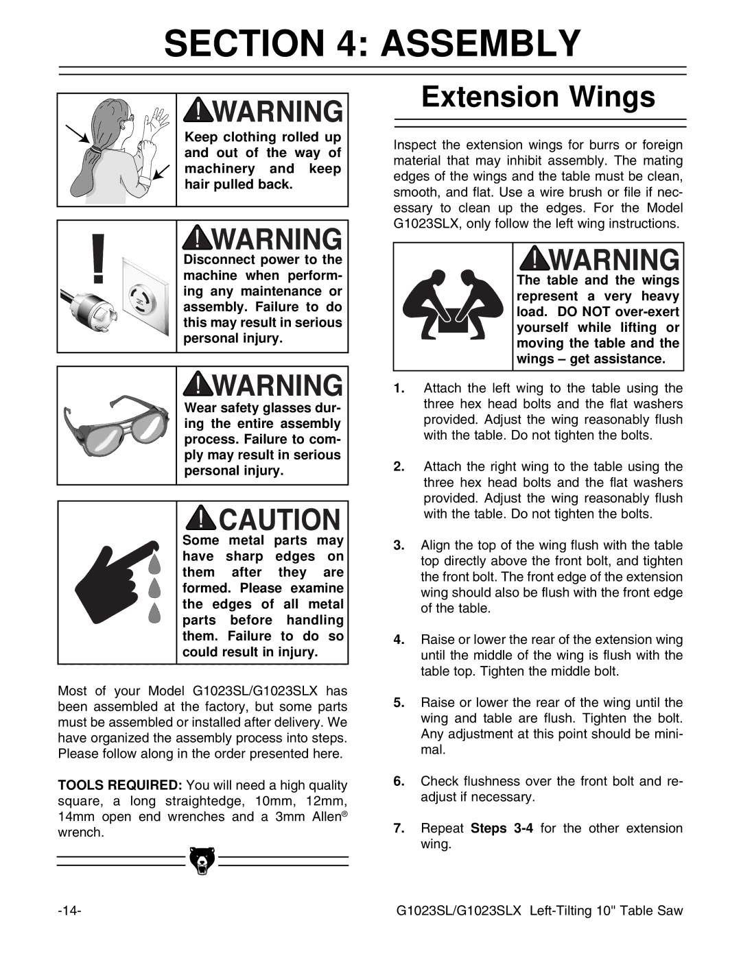 Grizzly G1023SLWX, G1023SLX instruction manual Assembly, Extension Wings 