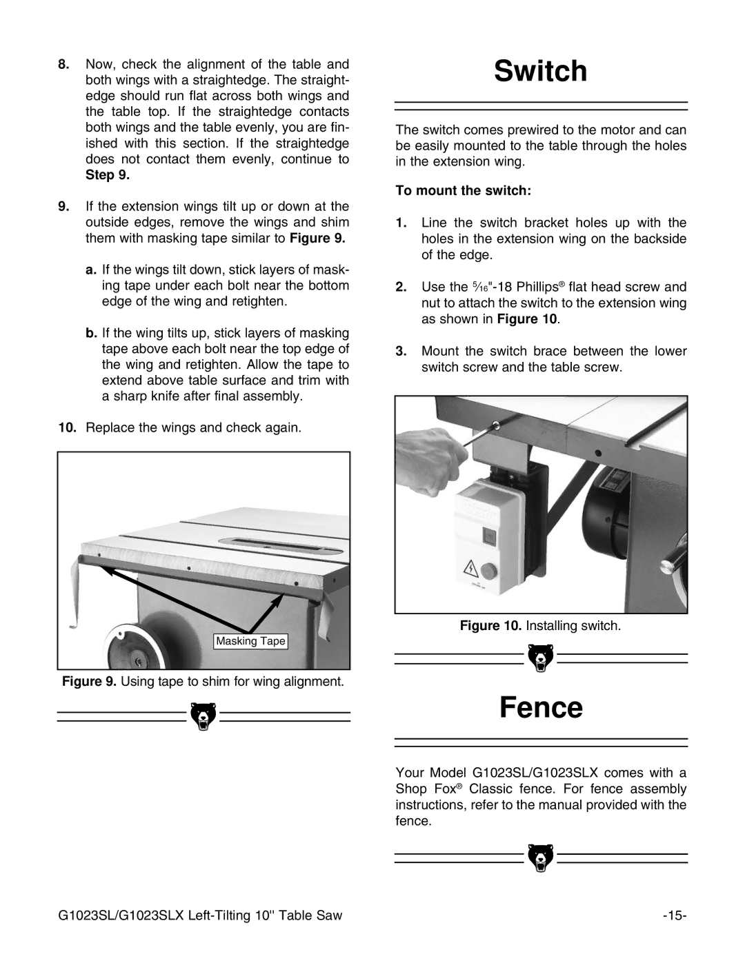 Grizzly G1023SLX, G1023SLWX instruction manual Switch, Fence, Step, To mount the switch 