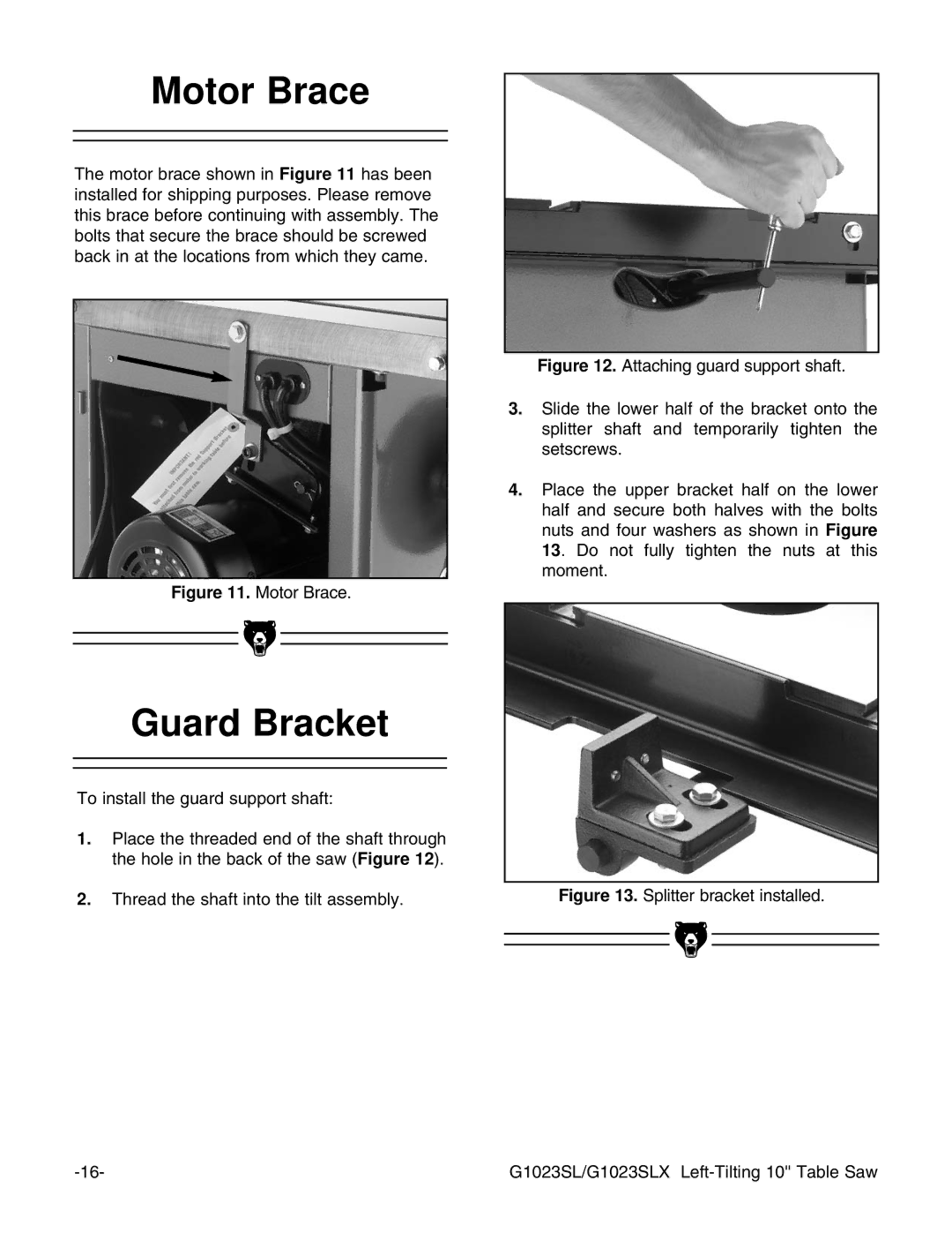 Grizzly G1023SLWX, G1023SLX instruction manual Motor Brace, Guard Bracket 