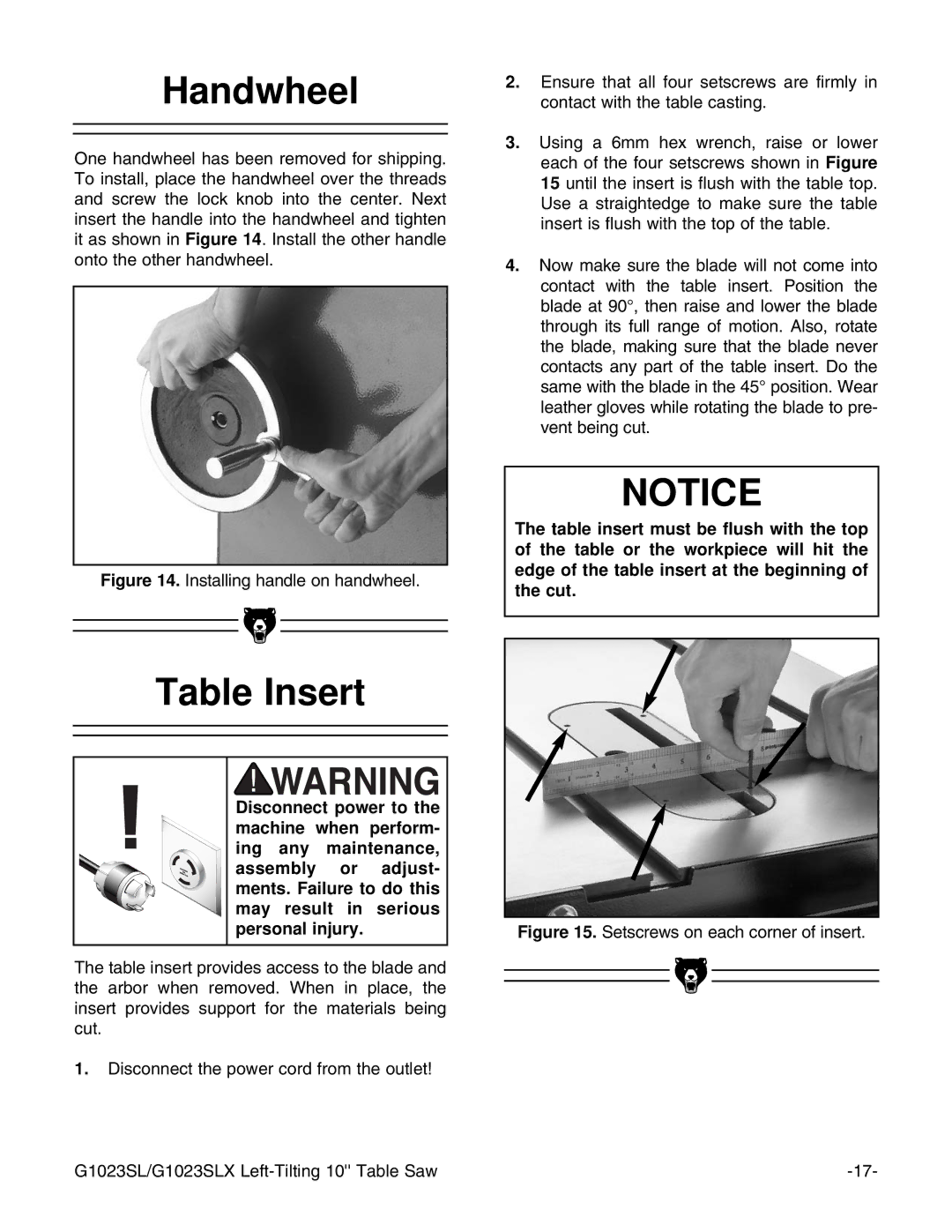 Grizzly G1023SLX, G1023SLWX instruction manual Handwheel, Table Insert 