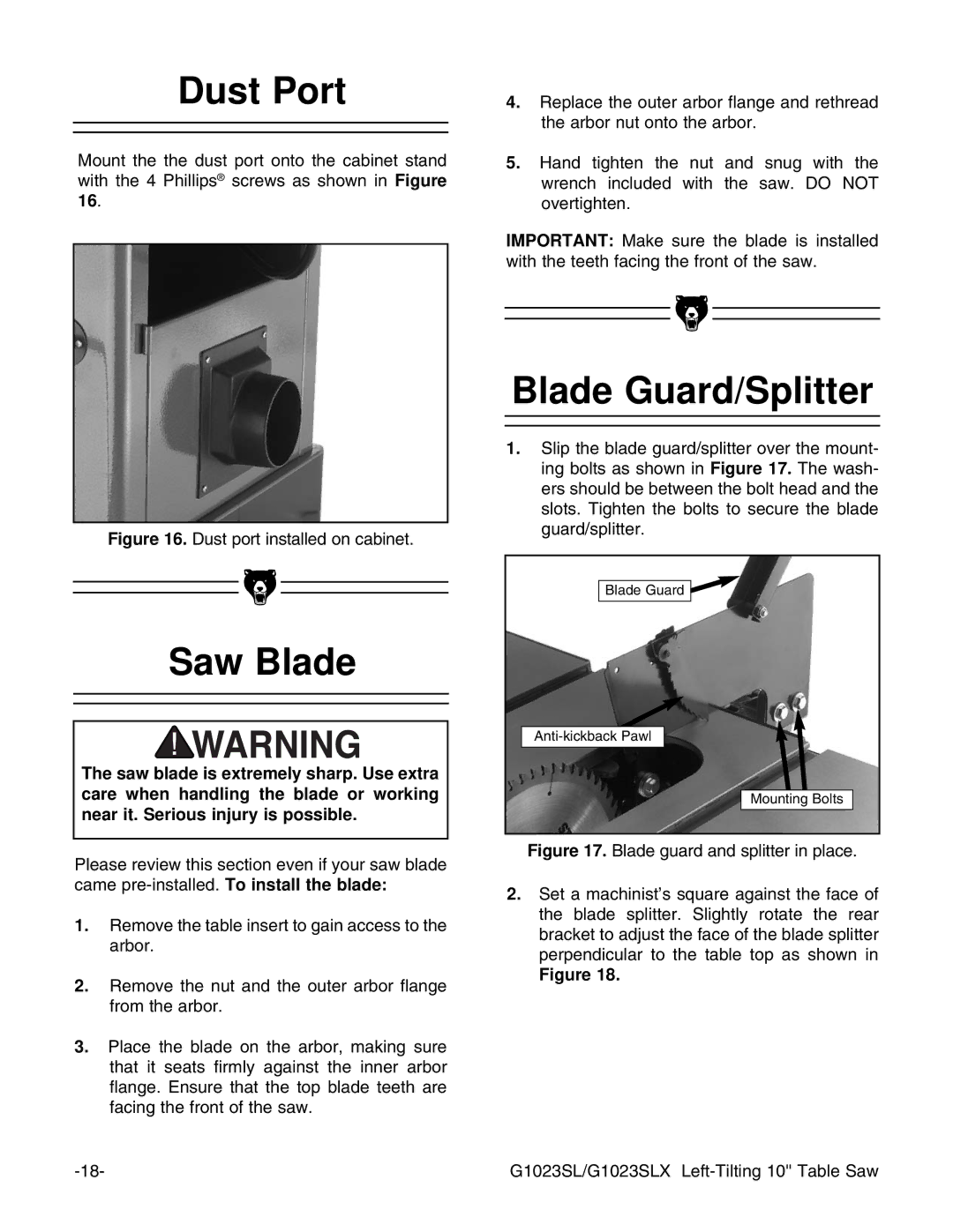 Grizzly G1023SLWX, G1023SLX instruction manual Dust Port, Saw Blade, Blade Guard/Splitter 