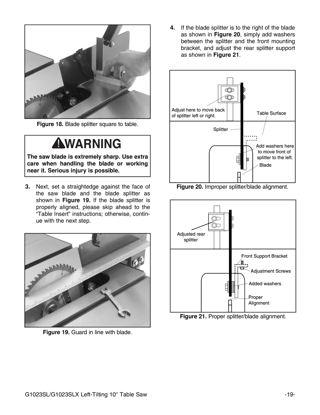 Grizzly G1023SLX, G1023SLWX instruction manual Blade splitter square to table 