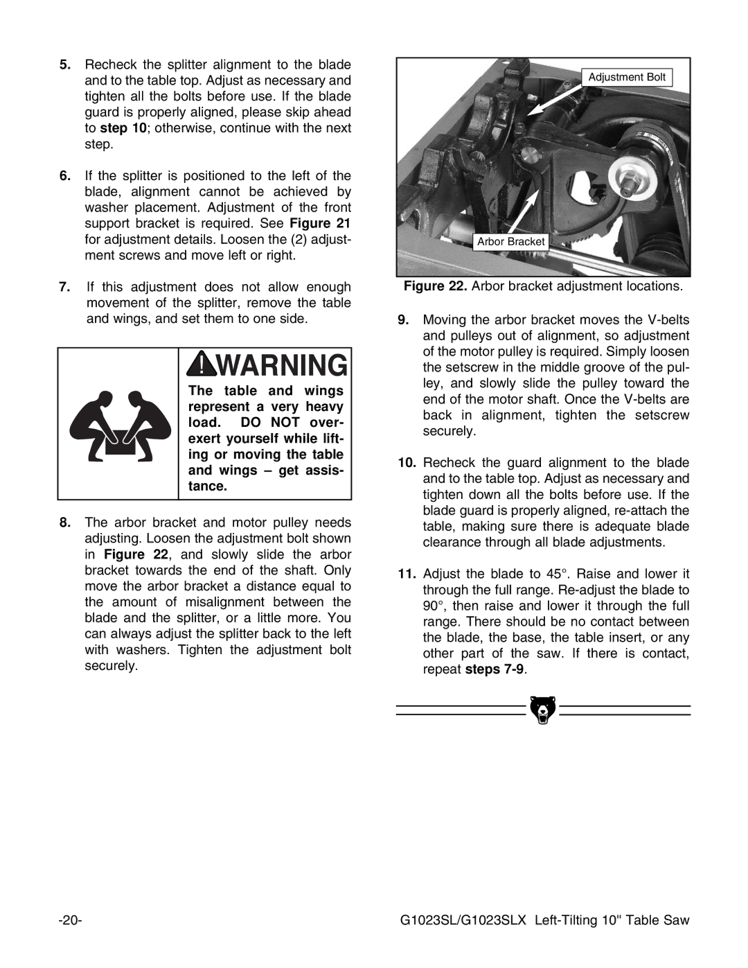 Grizzly G1023SLWX, G1023SLX instruction manual Adjustment Bolt Arbor Bracket 