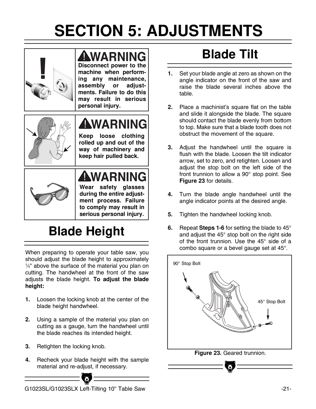 Grizzly G1023SLX, G1023SLWX instruction manual Adjustments, Blade Height, Blade Tilt 