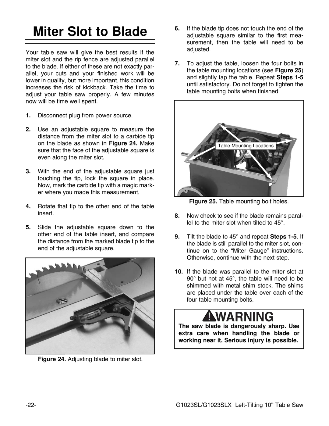 Grizzly G1023SLWX, G1023SLX instruction manual Miter Slot to Blade 