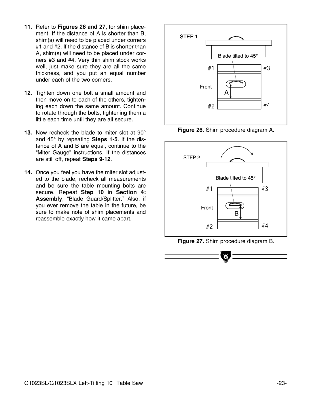 Grizzly G1023SLX, G1023SLWX instruction manual Shim procedure diagram a 