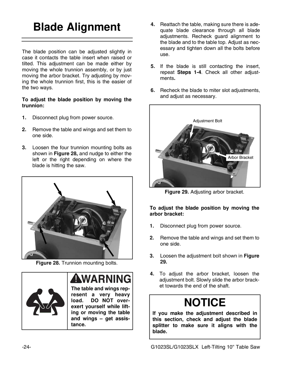 Grizzly G1023SLWX, G1023SLX instruction manual Blade Alignment, To adjust the blade position by moving the trunnion 