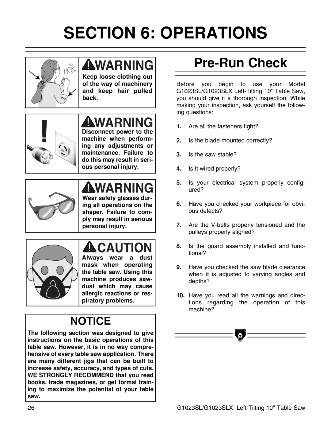 Grizzly G1023SLWX, G1023SLX instruction manual Operations, Pre-Run Check 